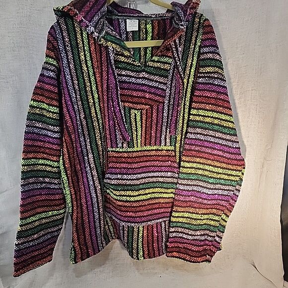 Artesanias Unisex Hoodie Large Bright Colorful Stripes Boho Hippie Aztec Neon - Picture 4 of 11